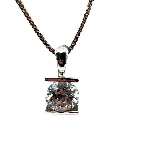 Italian 925 Sterling Necklace With Sterling Cubic Zirconia Solitaire Pendant. - Picture 2 of 10